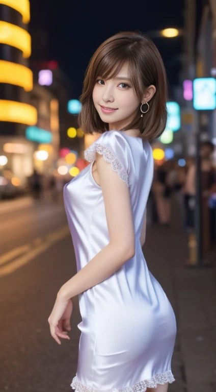 (Best-quality, Masterpiece, Ultra-High-Resolution, (Photorealistic:1.4), Raw Photo, depth of field, professional lighting, perfect anatomy, extremely details), (at midnight, on Japanese-main-street), 1girl, 15-years-old, the most famous Japanese idol, (wearing gorgeous-dress with sexy- design), walking, (((innocent smile))), ((((extremely beautiful and extremely realistic skins))))