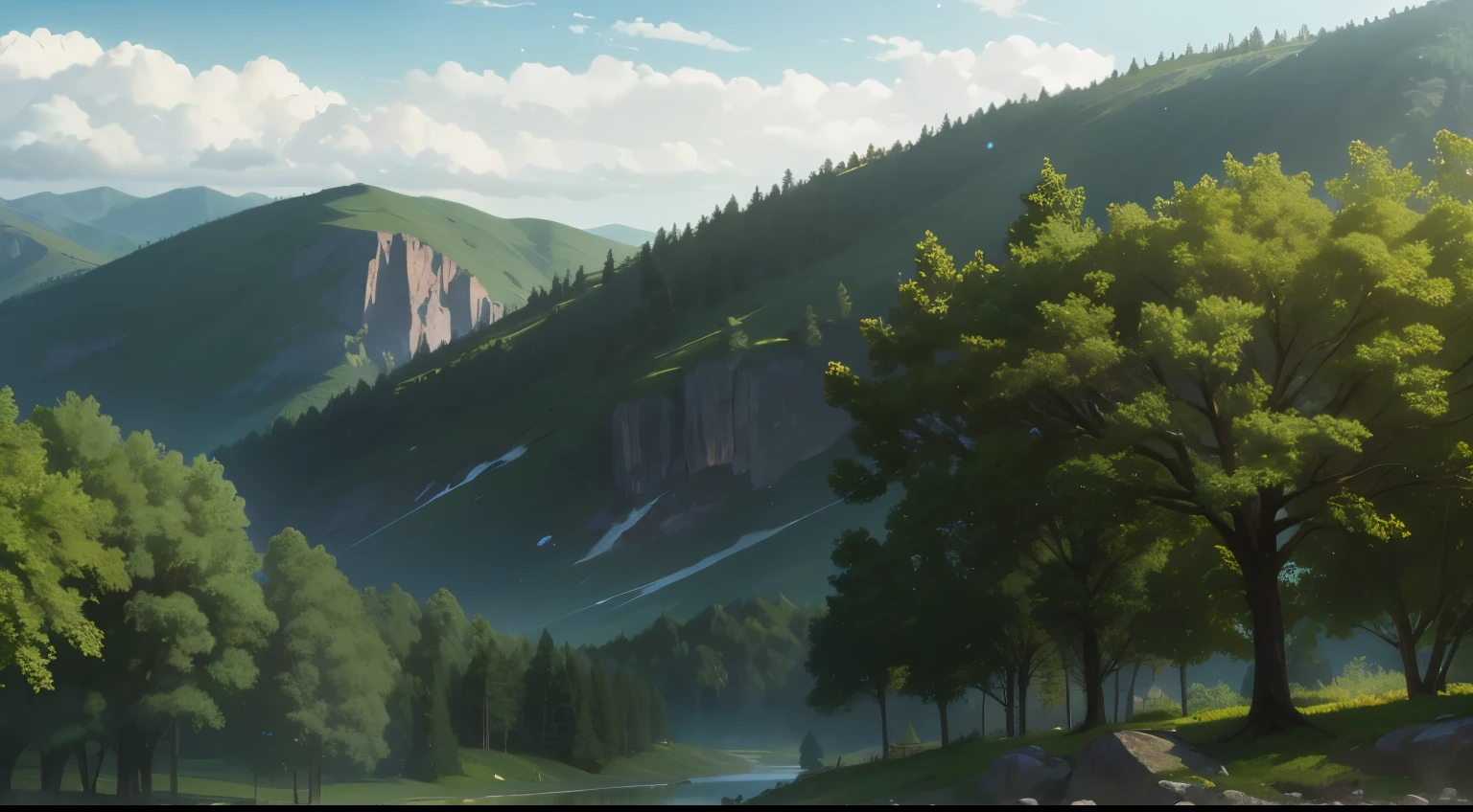 trees, mountains, blue sky, clouds, nature, anime, background