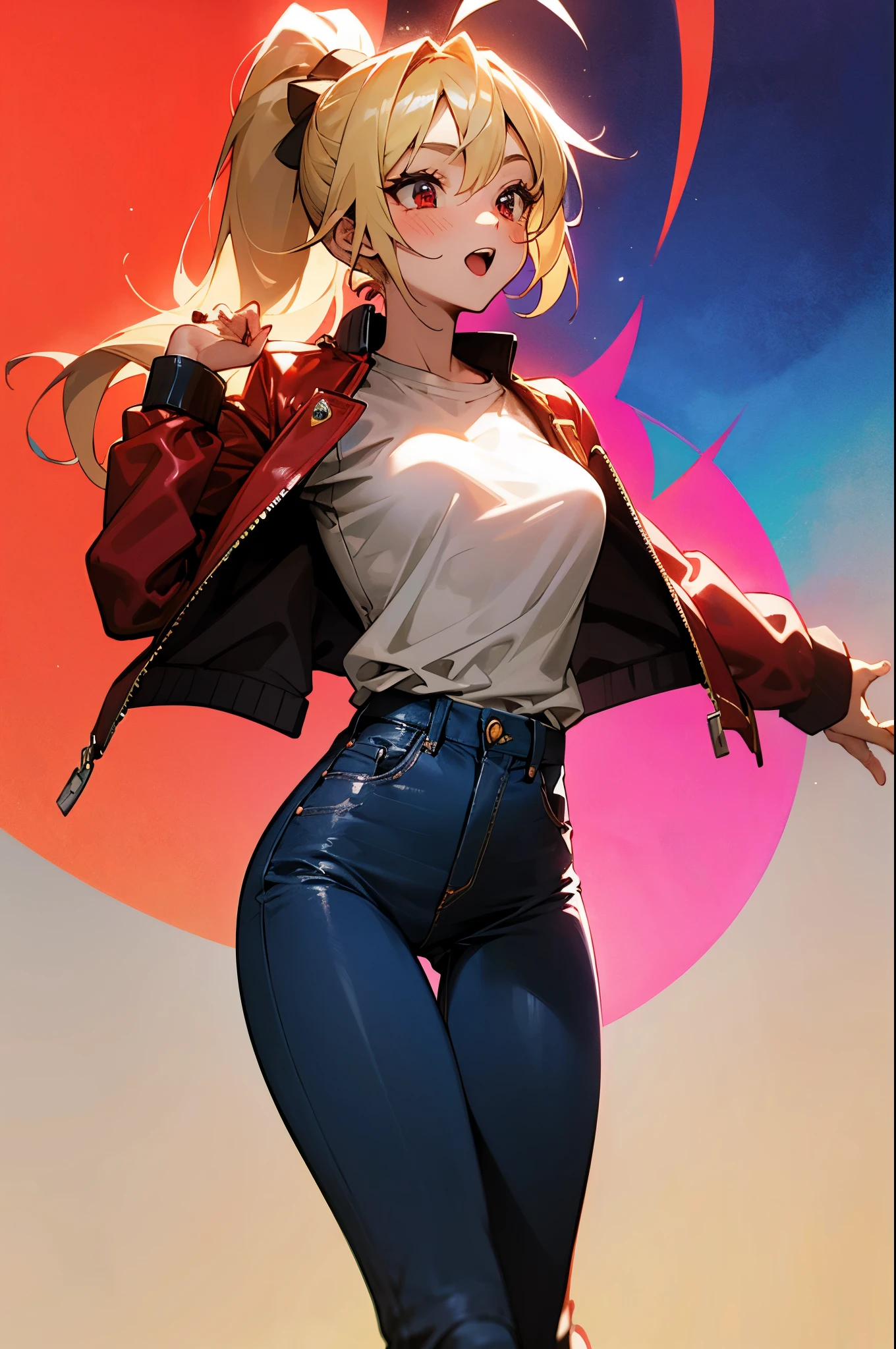  girl、blonde ponytail、Ahoge、big round red eyes、Beautiful woman、white t-shirt、red leather rider jacket、blue jeans pants、very fun