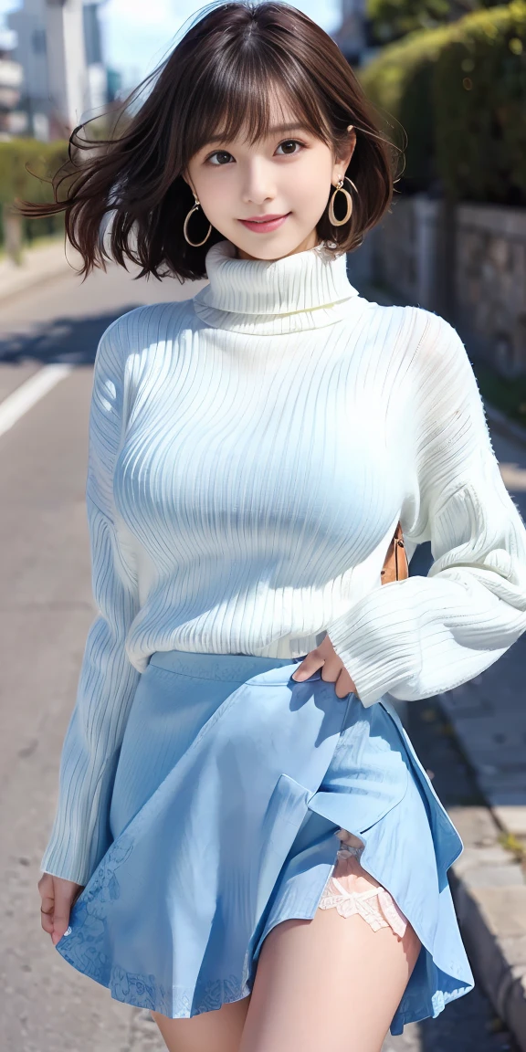 woman, 20 years old, Black wavy short hair、Bangs、swollen nipples、(White turtleneck sweater)、(blue dress), Dark Milk, cute smiley face、((Posture that emphasizes the hips、turn around))、sexy butt、black high heels、big necklace、((((The wind blew my skirt, exposing my panties...))))、(light blue lace)、cute earrings、(tilt your head slightly)