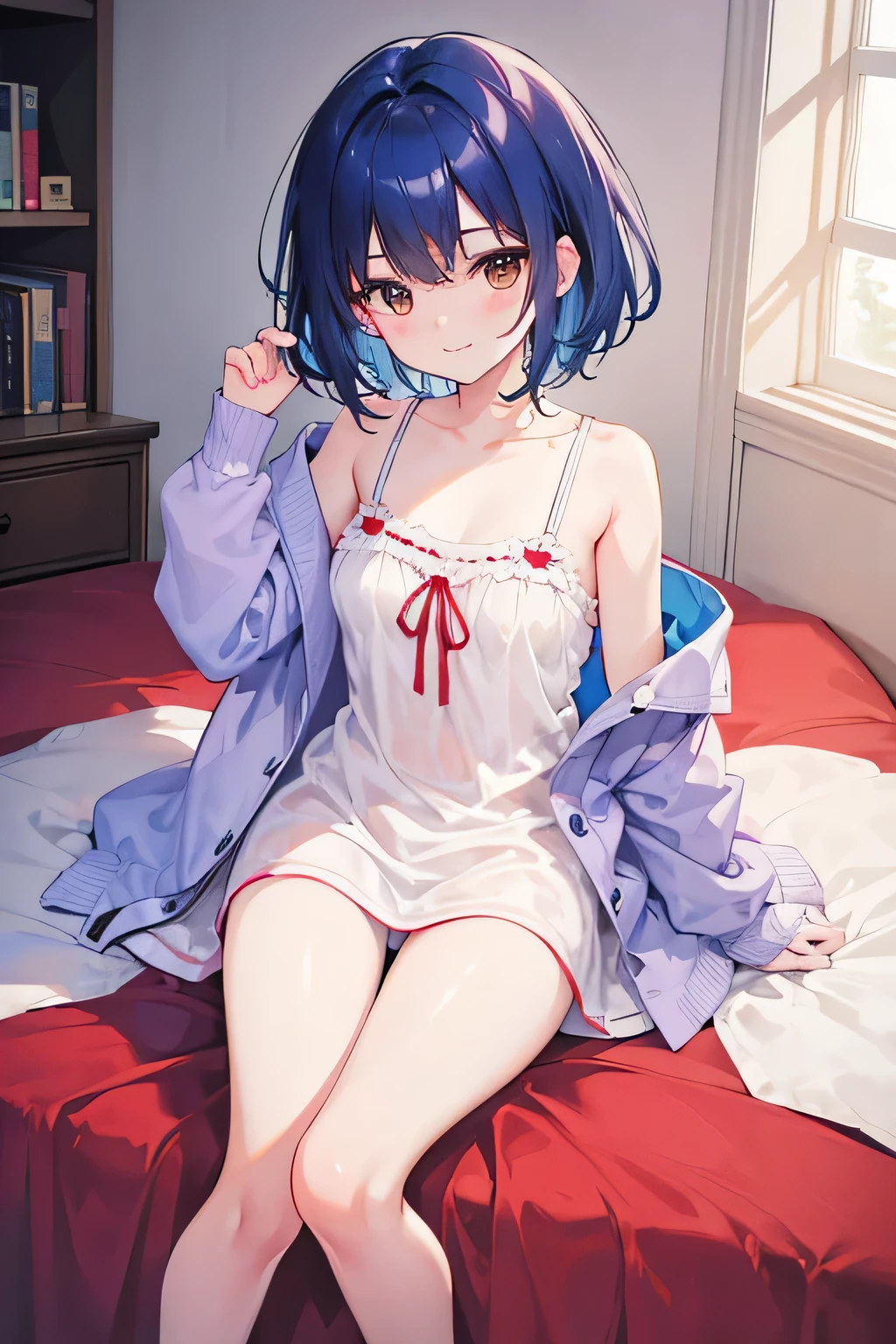 masterpiece, highest quality, High resolution, brown eyes、smile、pajamas、nightwear、sleep、Are sleeping、inside the futon、Under the towel blanket、掛inside the futon、on the bed、Bedroom、Close ~ eyeidnight、short hair,blue hair, white skin、thick legs、,embarrassing,
