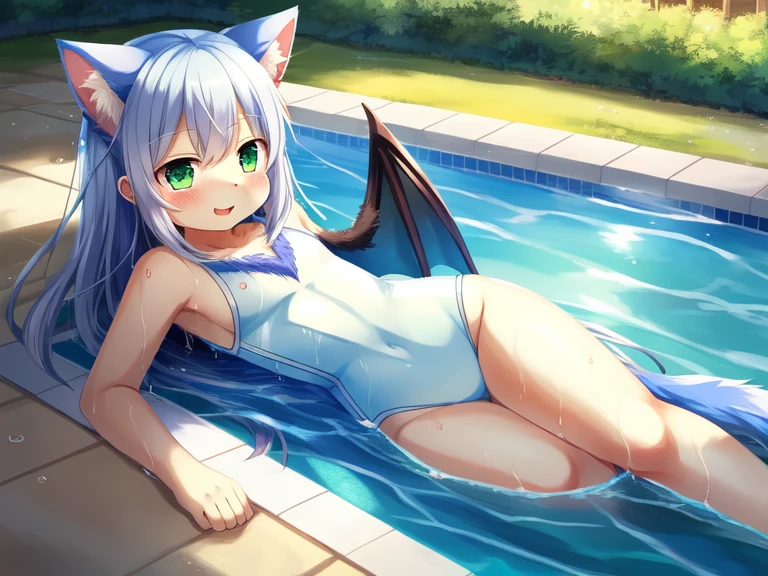 1 boy, alone, swimming pool, outside, Cat with green eyes and small wings, but、As an anthropomorphic blue dragon lying on the water, (wet fur:1.4), long silver hair, anime long hair, fine hair, (white corner:1.4), Blue body hair, young male anthro dragon, feminine body, Blue to yellow gradient one piece swimsuit, thin thighs, software version, furry anime, realistic anime cat, but強がり, very cute face, blush, by Dagashi, Yeah, kiyosan, playful, young, detailed background, detailed fan art, pixiv, digital painting, masterpiece, high quality, High resolution