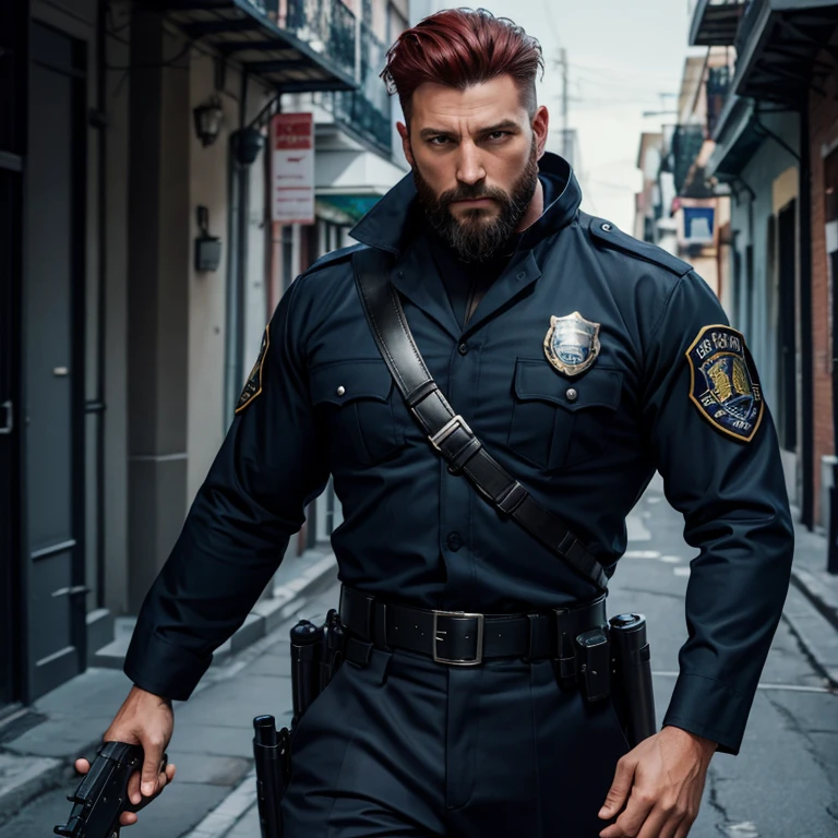 40 year old man in dark blue black police uniform with a black belt with a gun on his waist slim muscular build with red hair with a beard looking straight at the viewer background of New Orleans