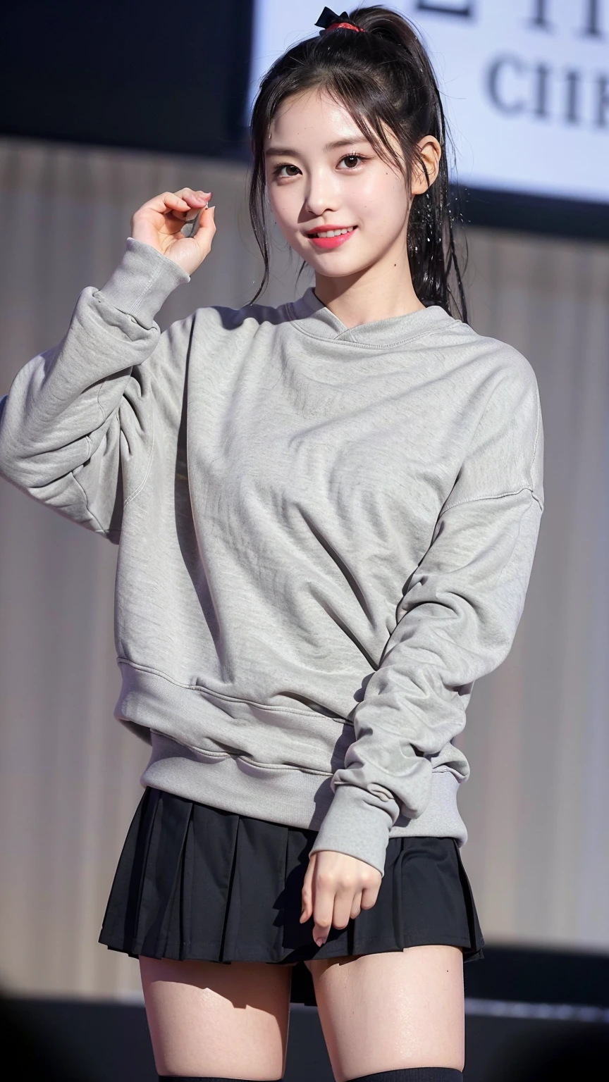 (8K), (highest quality: 1.2), (realistic), (realistic: 1.47), ultra high resolution, 1 girl, cute, smile, closed mouth, (thick lips:1.2),red lip,(Purse your mouth),beautiful details, beautiful nose,sweat on face,(Straight shiny black hair),(With a black ribbon on her head),(ponytail hair),Standing on the concert stage,hold the microphone in your right hand,Bend your elbows and raise your hands,(Grey oversized,Long length,sweatshirt:1.2),(Khaki brown pleated micro mini skirt:1.1),The length of the sweatshirt is long,The skirt is half covered by the sweatshirt,(Close up on wet thighs:1.2),(knees),(black socks:1.1),(super low angle:1.2),(medium shot),