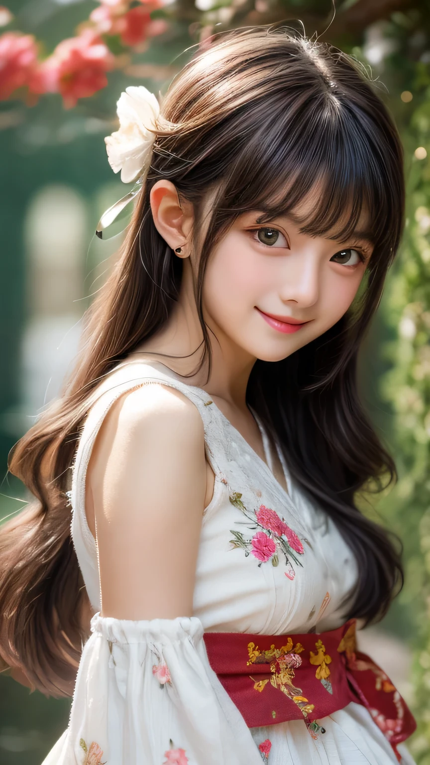 full body shot , (Highest quality become familiar with:1.2), realistic, 8k eh, High resolution, fujifilm(medium format), hasselblad, carl zeiss, Incredible dynamic range photography(utility_art:Smooth-768:1.1), (1 girl:1.2), Super become familiar with, high quality texture, intricate details, become familiar with, Very become familiar with CG, high quality shadows, become familiar with beautiful and delicate face, Beautiful details and delicate eyes, Depth of written boundary, ray tracing, 16 years old, cute japanese girl, narrow side, glossy lips, glow eyes, perfect body, look at the audience, (jewelry/accessories), (Eye color is brown), (red flower hair ornament), (white long hair), (layered hairstyles), (Black Gothic Lolita), White flowers bloom all over the wall,smile, Be sure to add details in the 服, whole body,full body shot,Covering the face