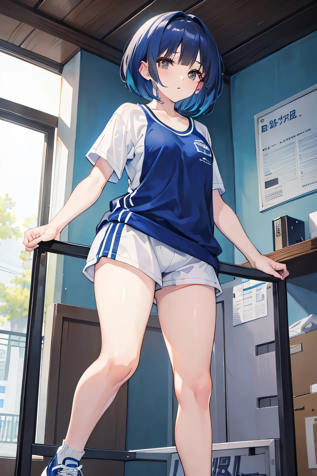 masterpiece, highest quality, High resolution, brown eyes、short hair,blue hair, white skin、thick legs、Run、In town、moving、sportswear