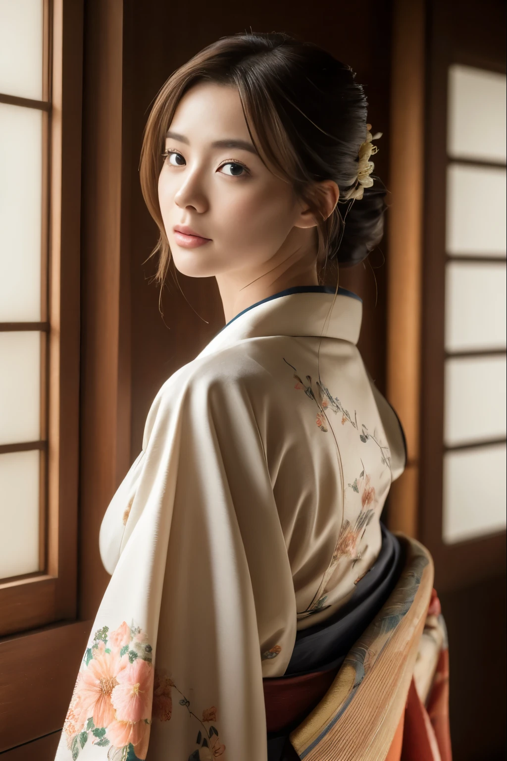 (masterpiece:1.2), super detailed, ultra high resolution, (realistic, photo realistic:1.37), High-definition RAW color photos, professional photos, very delicate and beautiful, very detailed, 8k wallpaper, wonderful, finely, huge file size, very detailed beautiful girl, very detailed face, very detailed eyes, very detailed skin, very detailed fingers, very detailed nose, very detailed mouth, perfect anatomy, very detailed背景, (famous japanese actress:1.2), brown hair, sunburned skin, (Improve:1.3), cinematic lighting, (full body:1.3), (floral kimono:1.3),She has removed her kimono slightly to reveal her shoulder line.。Face turned slightly to the side、Shyly looking away。Inside a room in a Japanese house、I can see your beautiful back