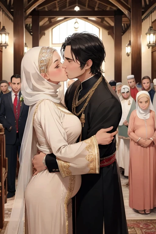 ((highest quality)), ((masterpiece)), (be familiar with), ((perfect face、beautiful wife、Enchanted body、spouse、blonde、straight hair、blue eyes、necklace、ring、bangles、Caster wheel、pregnancy、naked、Islamic Clothing、National costume、Islam、chador、pregnant woman))、((Oil King、black hair、black eye、Arab、Islam、middle-aged man、obesity、Rich man、dirty、fat、Old man、Islam))、marriage、marriage式、hug each other、National costume、Chapel、kiss of oath、政略marriage(daughter、half、son、Children)Surrounded by children