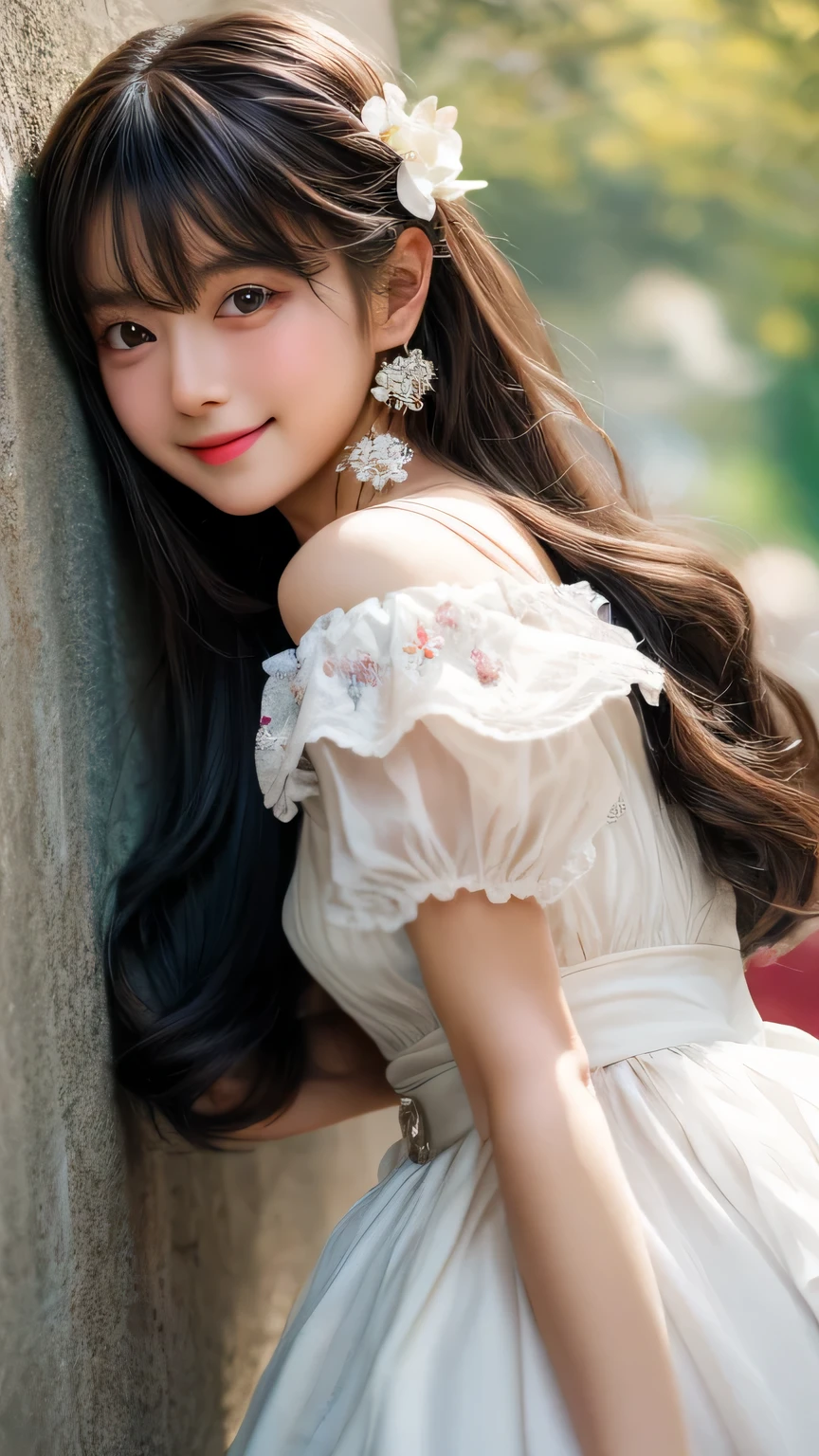 full body shot , (Highest quality become familiar with:1.2), realistic, 8k eh, High resolution, fujifilm(medium format), hasselblad, carl zeiss, Incredible dynamic range photography(utility_art:Smooth-768:1.1), (1 girl:1.2), Super become familiar with, high quality texture, intricate details, become familiar with, Very become familiar with CG, high quality shadows, become familiar with beautiful and delicate face, Beautiful details and delicate eyes, Depth of written boundary, ray tracing, , cute japanese girl, narrow side, glossy lips, glow eyes, perfect body, look at the audience, (jewelry/accessories), (Eye color is brown), (red flower hair ornament), (white long hair), (layered hairstyles), (Black Gothic Lolita), White flowers bloom all over the wall,smile, Be sure to add details in the 服, whole body,full body shot,Covering the face