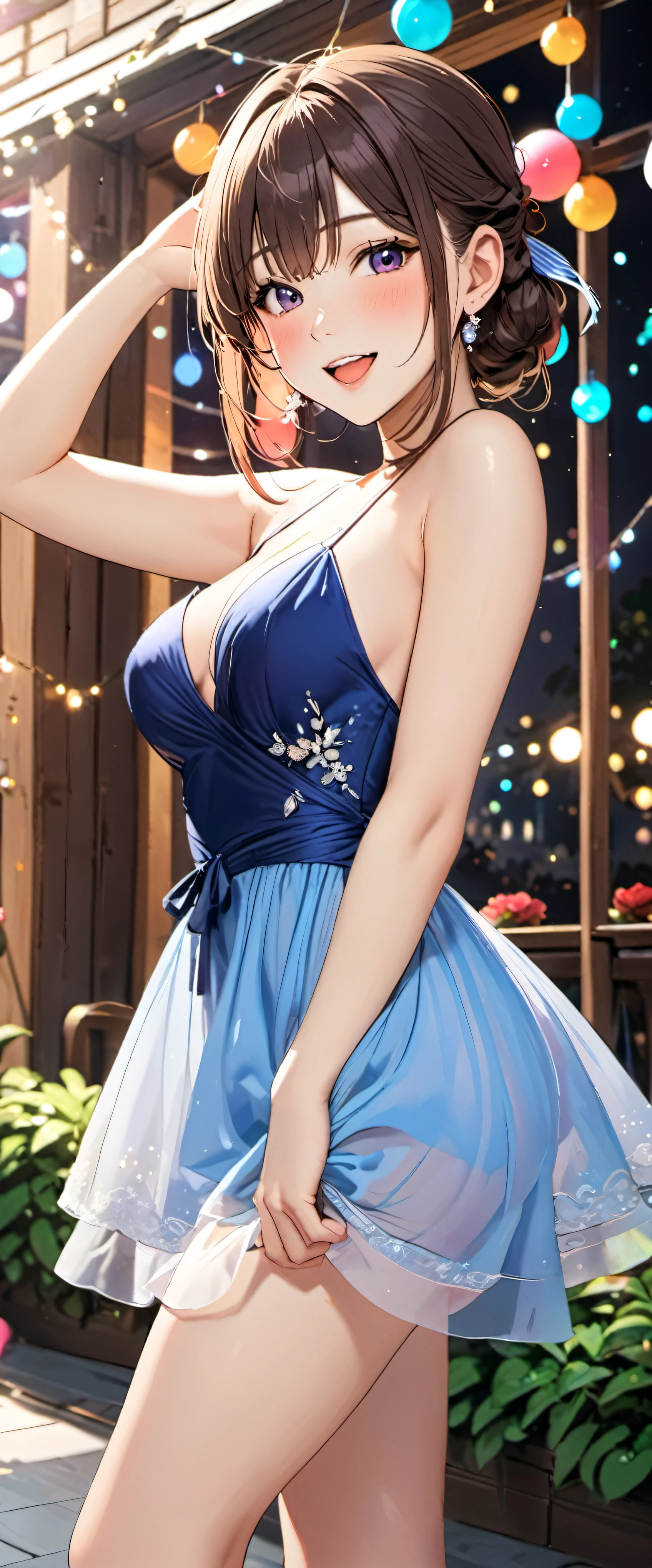 woman,20-year-old,,party venue,morning,(((sexy dress with decorations))),,open mouth smile((Pose with movement)),blush,See-through