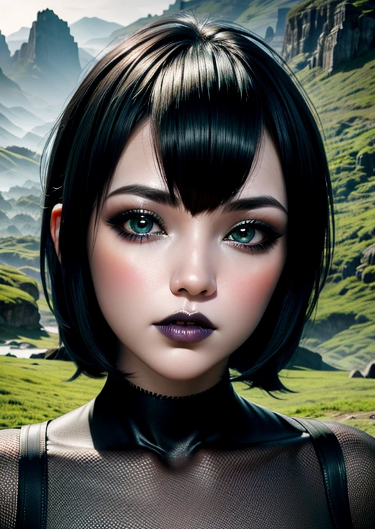 Cute girl gothic makeup eyeliner voluminous lips upturned nose short black hair with bangs high resolution perfect detailed green mountainous landscape photography cgi 