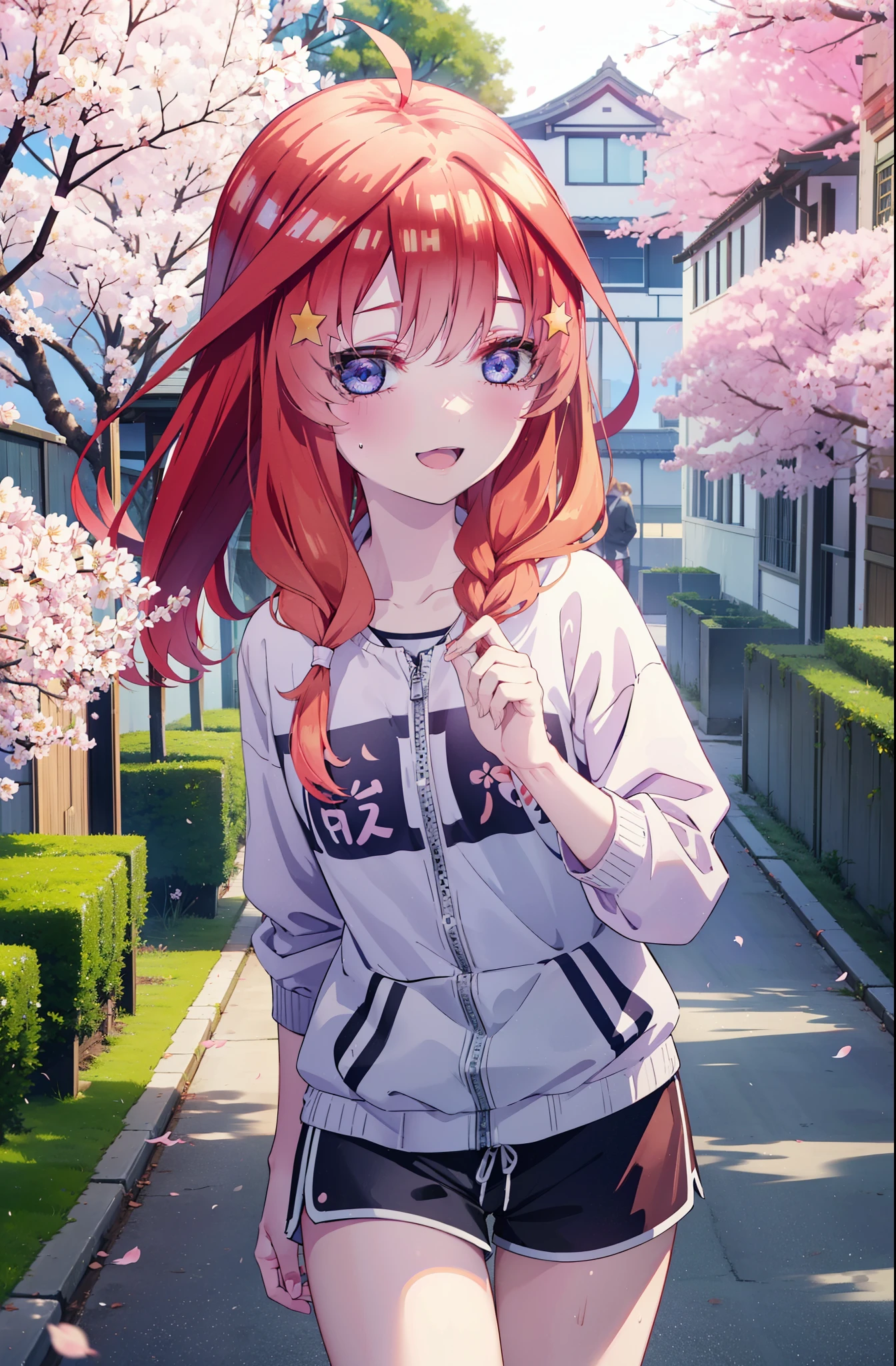 itsukinakano, itsuki nakano, bangs, blue eyes, hair between eyes, Ahoge, redhead, star \(symbol\), hair ornaments, star hair ornaments,short braided hair,happy smile, smile, open your mouth,happy smile, smile, open your mouth,Oversized checked y-shirt,shorts,Black high top sneakers,cherry blossoms are blooming,Cherry blossoms are scattered,Cherry blossom tree-lined path,walking,
break outdoors, 公園
break looking at viewer, (cowboy shot:1.5),
break (masterpiece:1.2), highest quality, High resolution, unity 8k wallpaper, (figure:0.8), (detailed and beautiful eyes:1.6), highly detailed face, perfect lighting, Very detailed CG, (perfect hands, perfect anatomy),