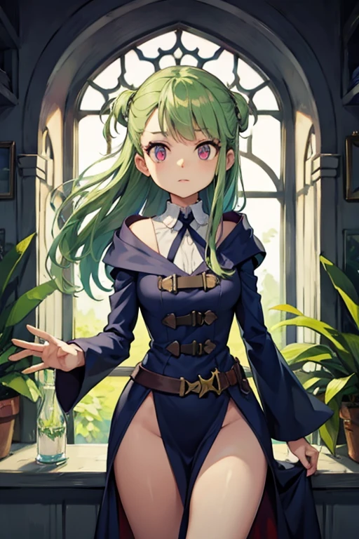 a light green haired female witch with pink eyes with an hourglass figure wearing a Victorian dress is surrounded by cool plants