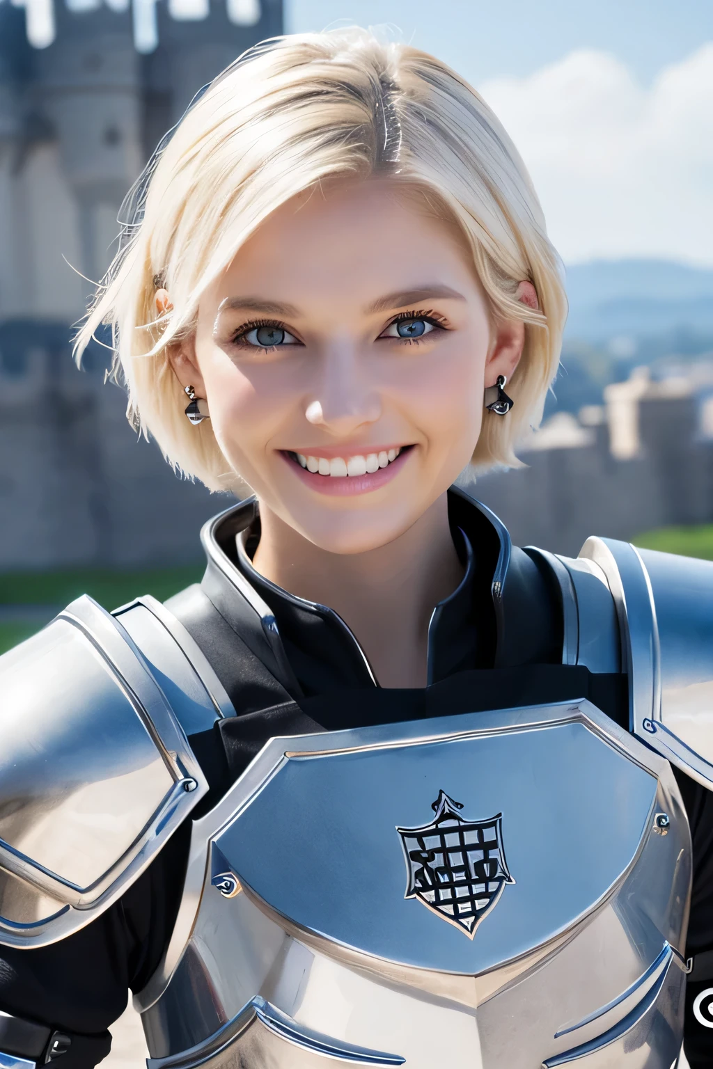 8K、highest quality、female knight、The background is a castle、Luxurious Silver Armor、heavy equipment、hairstyle short cut、smile、beautiful teeth、full body photo、ear piercing、blonde、white woman、blue eyes、Night helmet covering the ears、The background is a cloudy sky