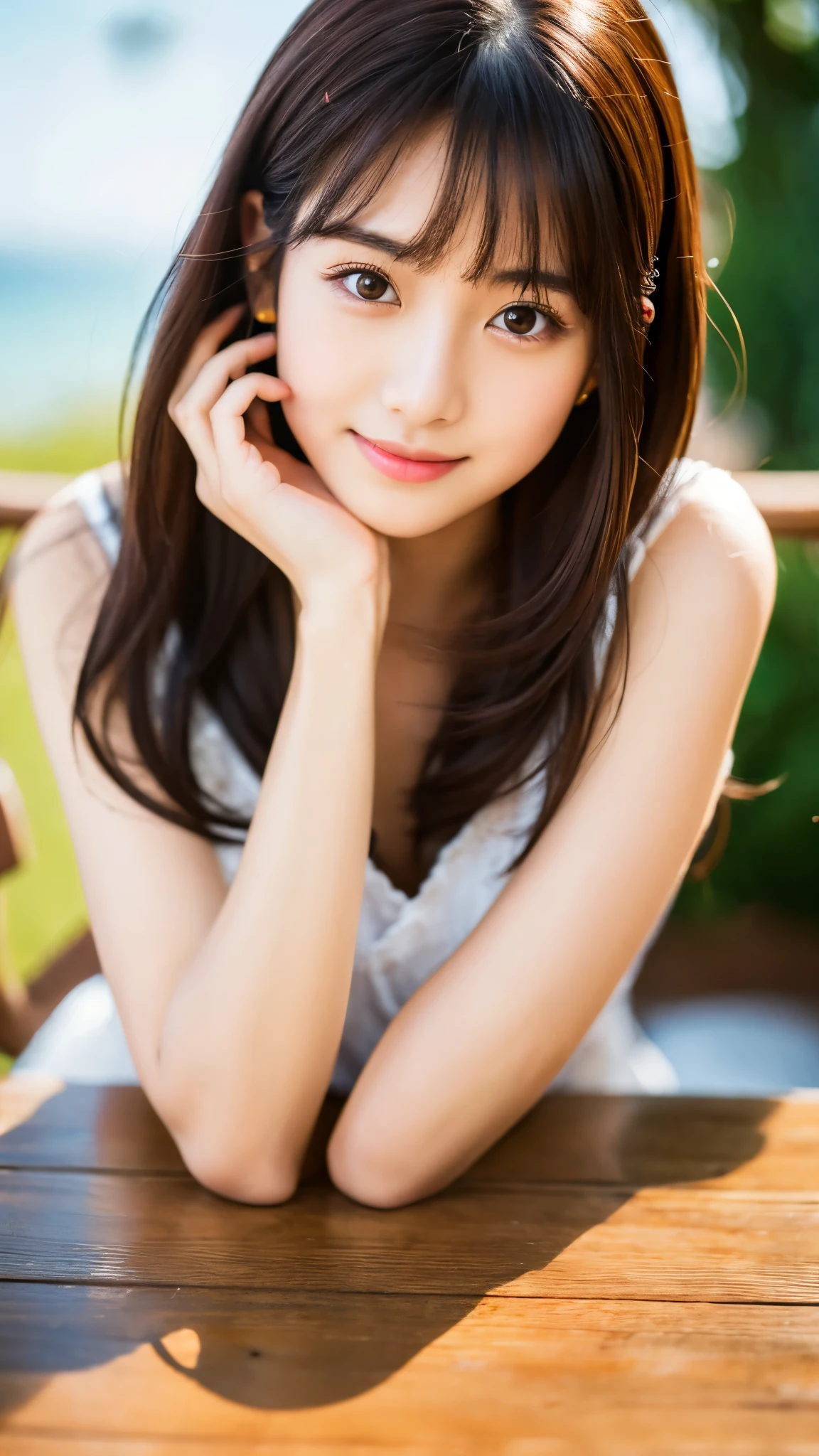 one woman、japanese woman、26Old beauty、professional lighting、medium long hair、brunette colored hair、brook in the forest、Sheer lace slip、Pastel blue lace underwear、A light-colored, sheer miniskirt、High resolution、gentle expression、fascinating eyes、no makeup、smile like an idol、loose lips、catch light、hair fluttering in the wind、rather large breasts、Beautiful legs extending from the skirt、legs crossed、Show from skirt to knee、Use a reflector to bring light to your face、sitting on the bench、look at camera