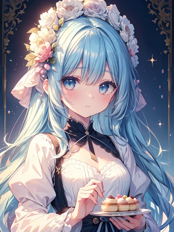 (ultra-intricate pupil in eyes, shiny eyes), long eyelashes, double eyelids, parted lips, kawaii, cute, ( flat chest), slender, (ultra delicate and beautiful skin), insanely detailed clothes, perfect anatomy, dynamic angle, BREAK (masterpiece, best quality), (ultra-detailed 8K), (perfect design), absurdres, highres, ((blush)), (super fine illustration), ((light blue long hair))), , long hair ((blush)), masterpiece, best quality, (amazing, beautiful detailed eyes, blunt bangs), high resolution, cute face, masterpiece, best quality, extremely detailed, anime, beautiful girl, bright hair, wind, solo, depth of field, masterpiece, best quality, extremely detailed, (PHOTO BACKGROUND: 1.3), SMALL BREASTS,depth of field, bokeh,
azhiichigo style,big cat eyes, thick lines, cute, 1girl, patisserie, chocolate, baking goods, cakepops, pattern background, detailed bakery setting, cute soft colors,