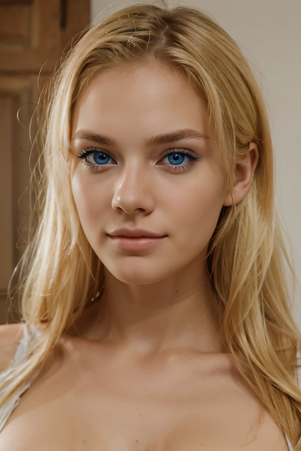 a pretty and attractive blond 25 years old with blue eyes. ultra realistic
