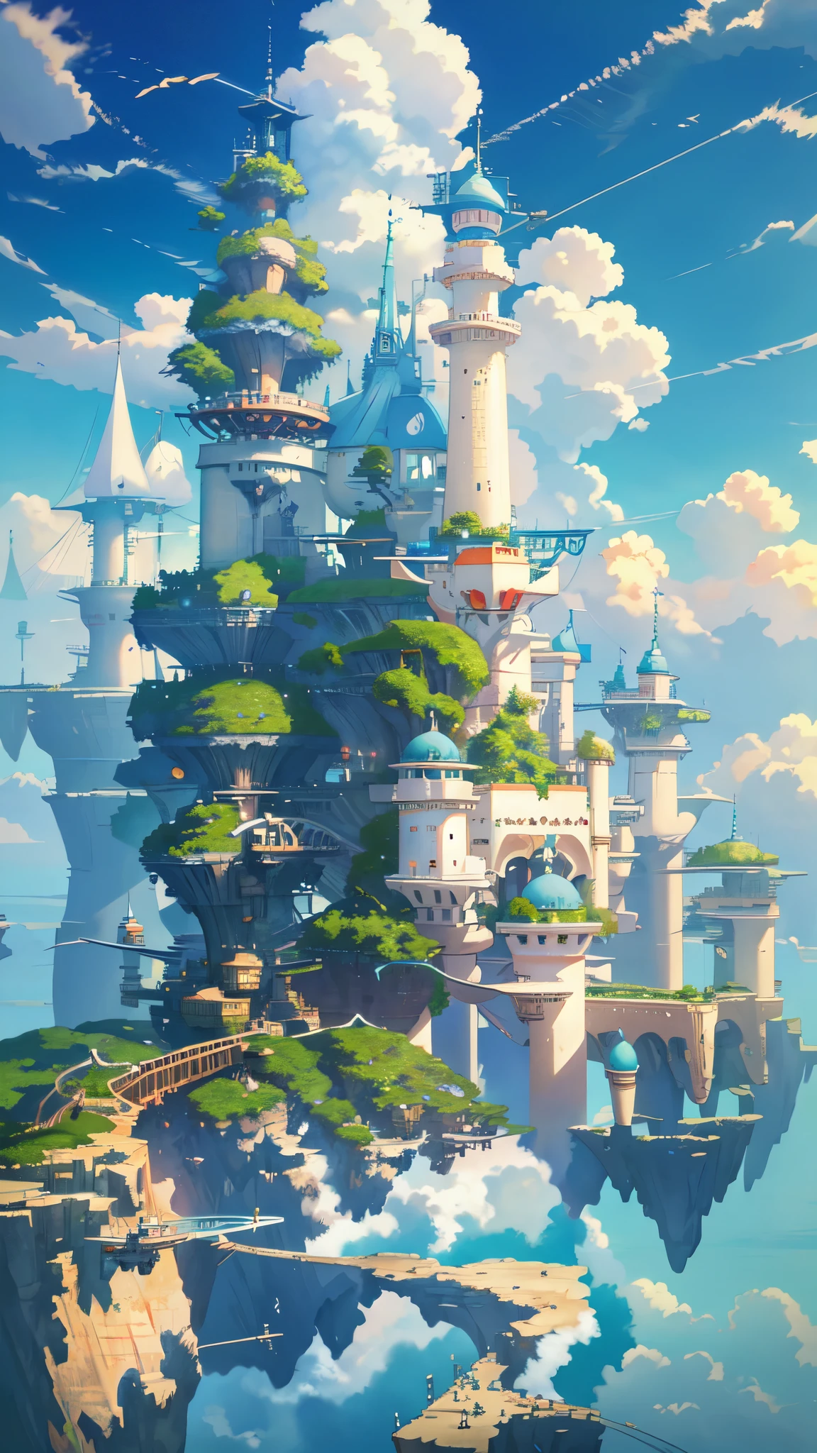 Many islands suspended in the sky, Hayao Miyazaki, large clouds, cities, fantasy, magical plant growth, extreme detail, realistic light, epic composition, (complex details), (complex design, ultra-detail: 1.2) , Art Station, (Masterpiece, Best Quality), Ultra HD, 32k --v 6