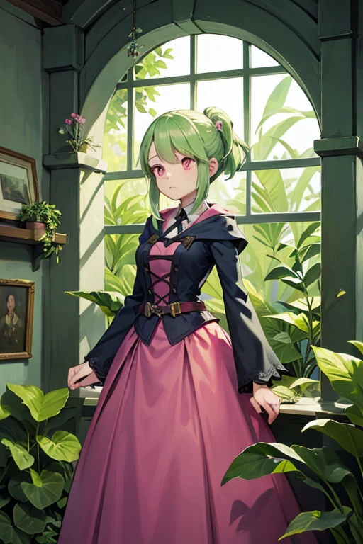 a light green haired female witch with pink eyes with an hourglass figure wearing a Victorian dress is surrounded by cool plants