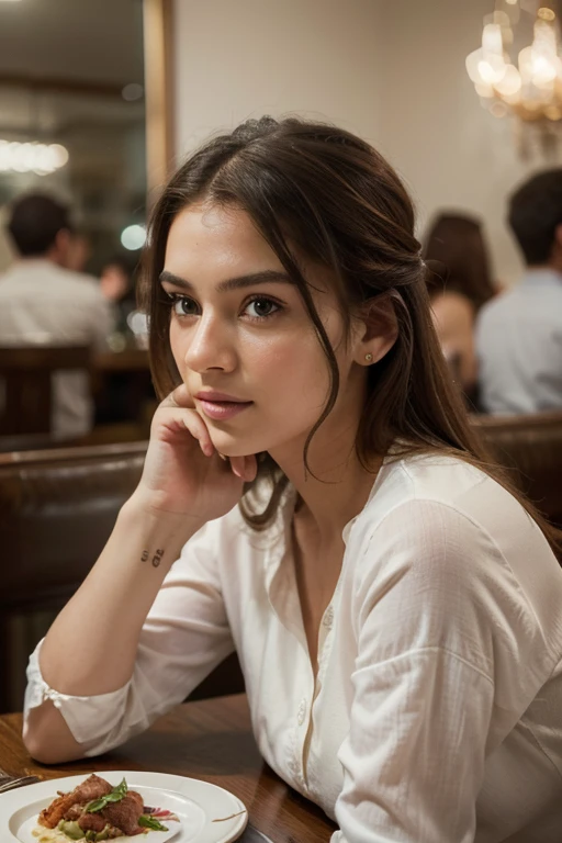 The prompt generated based on the given theme:
(best quality,4k,8k,highres,masterpiece:1.2),ultra-detailed,(realistic,photorealistic,photo-realistic:1.37),1girl,portrait,restaurant,detailed facial features,expressive eyes and lips,beautifully styled hair,longeyelashes,stylish attire,modern restaurant decor,soft warm lighting,vibrant colors,delicious food on the table,dynamic composition,background with people enjoying their meals,gorgeous table setting,subtle reflections on the glassware,shadows adding depth and dimension,blurred background highlighting the girl,bokeh creating an atmospheric effect,meticulously painted textures,highly detailed cutlery and plates,impeccable attention to shadows and highlights,crisp focus on the girl,fine brushstrokes capturing the intricate details of the scene,artistic flair in capturing the beauty of the moment.