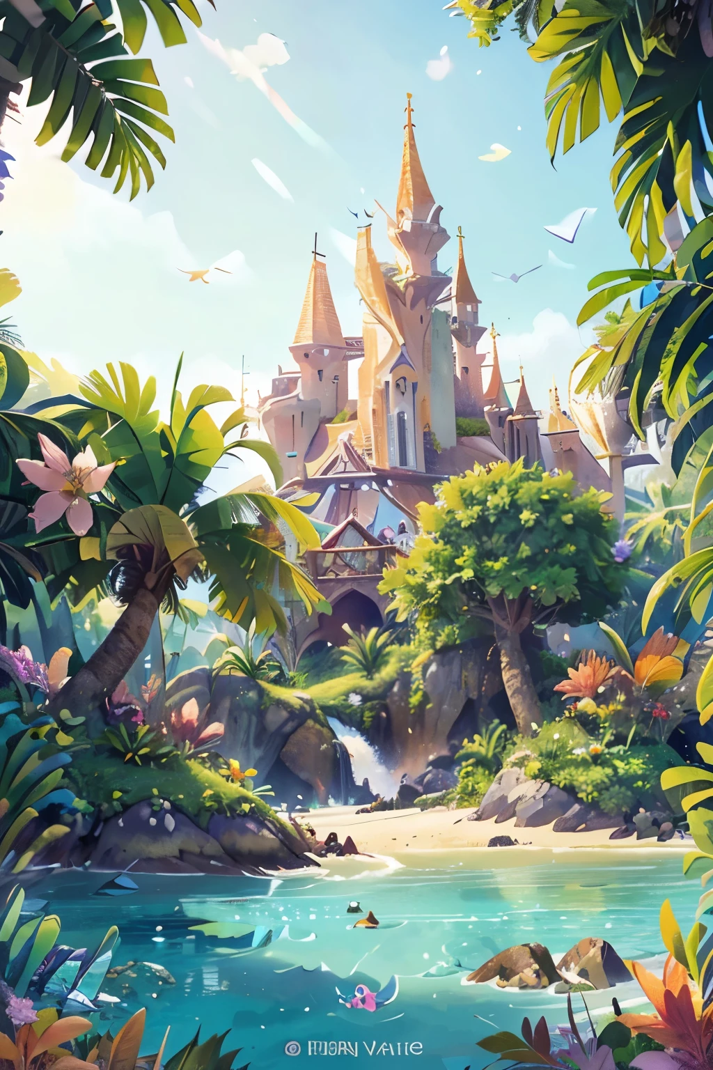 A magical island, shrouded in mystery and wonder, lie before your eyes. With its lush greenery and crystal-clear waters, every detail is intricately crafted, inviting you to explore its enchanting depths. Fine sands glisten under the sun, while vibrant flowers bloom in abundant colors. Birds with iridescent feathers fly overhead, adding to the island's breathtaking allure.
In the distant background, a sunset paints the sky with hues of orange, pink, and purple. The tranquil scene is further emphasized by a gentle breeze that rustles the leaves, creating a soothing ambiance. Palm trees sway in harmony
