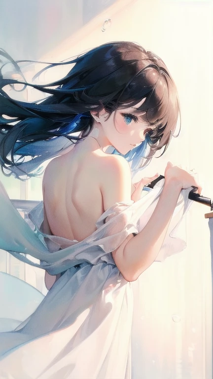 (masterpiece:1.1, High resolution:1.4) , 1 girl, watercolor style, (soft blending:1.2) , fluid colors, dreamy laundry, delicate texture, organic shapes, atmospheric depth, bubble, Limited color,