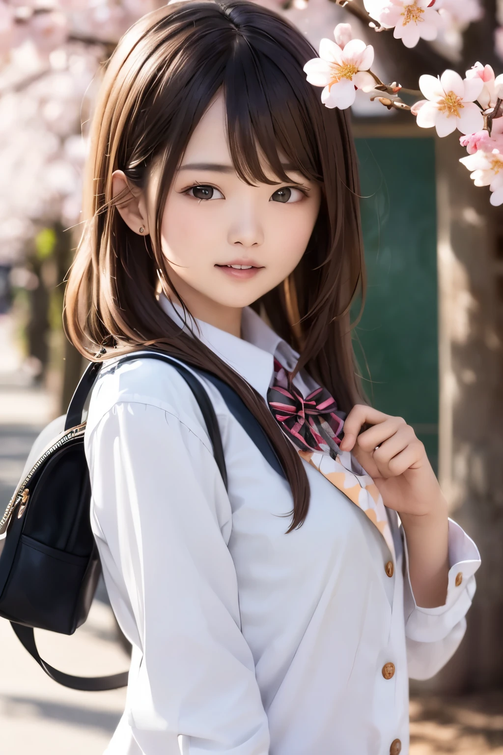 Perfect Style, (Very sweet smile), looking at the viewers, (spring clothes of school, cherry blossom), 