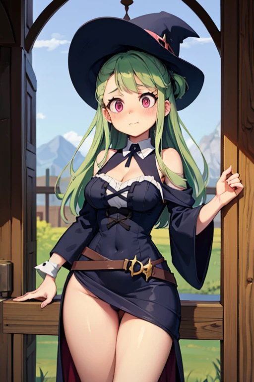 a light green haired female witch with pink eyes with an hourglass figure wearing a Victorian dress is blushing in the early morning sun