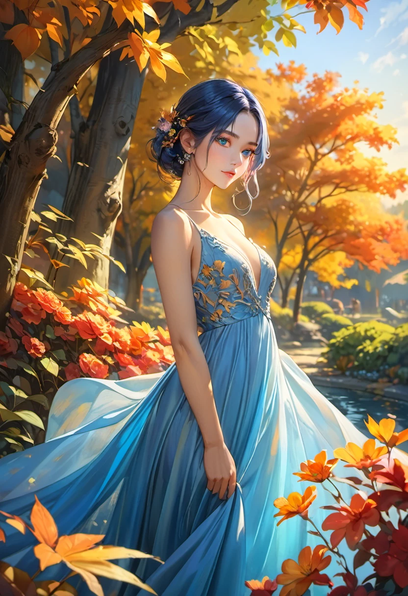 (highest quality:1.2),Super detailed,realistic,portrait,landscape,Beautiful girl in the garden,soft lighting,exquisite details,colorful flowers,golden sunlight,elegant pose,delicate features,flowing dress,calm expression,Long flowing blue hair,beautiful blue eyes,mysterious atmosphere,autumn colors,subtle shadow,blurred background,fine texture,Artistic brushwork,intense gaze,mysterious beauty,natural environment,Visual Storytelling,dreamy quality,peaceful atmosphere,natural pose,warm colors,play of light and shadow,Airy atmosphere,Natural light,immersive experience,harmonious composition,Dynamic energy,beauty of nature,Elegance and elegance,nuance
