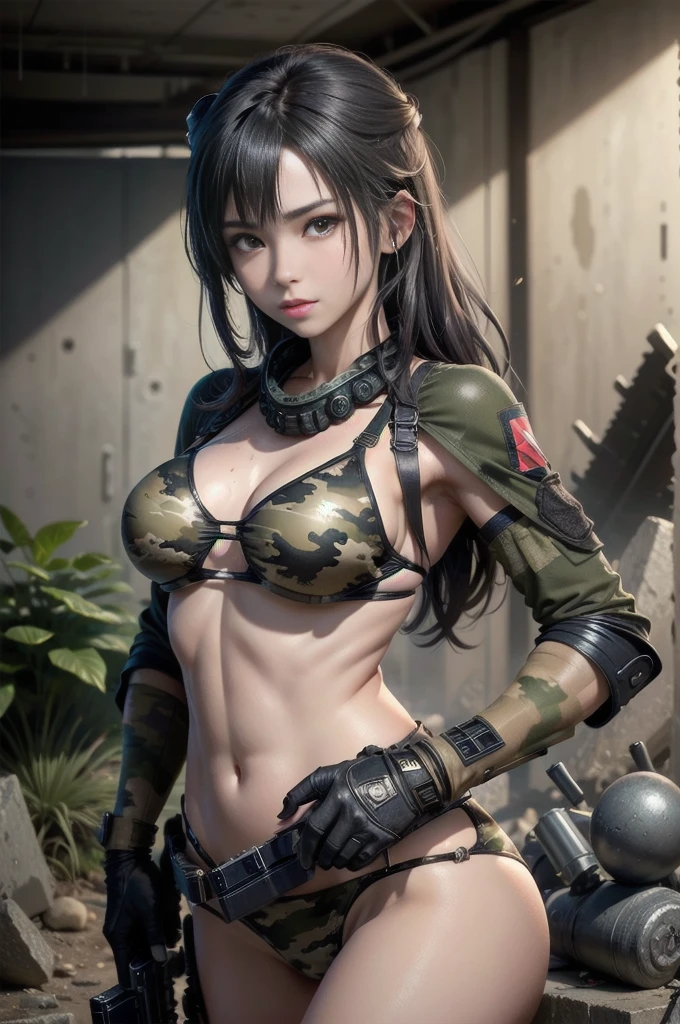 unreal engine:1.4,Ultra-realistic 16K, realistic:1.4, skin texture:1.4, Top 1 ((Girl wearing camouflage bikini )),((gatling gun, shell casing)), looking at the viewer, bangs, ammunition belt, gloves,(beautiful middle breasts)、,firing,in the photo, A beautiful girl with short, unkempt black hair and wearing a camouflage bikini appears,delicate face,wearing bikini metal,(stand on the ruins,Action of a woman holding a heavy sniper rifle in her hands)、(It has the mark of a 25-year-old lieutenant on it.9、My skin is also rough and scaly.