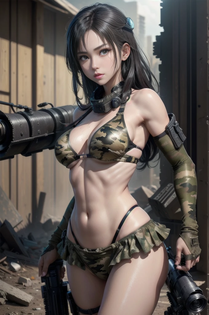 unreal engine:1.4,Ultra-realistic 16K, realistic:1.4, skin texture:1.4, Top 1 ((Girl wearing camouflage bikini )),((gatling gun, shell casing)), looking at the viewer, bangs, ammunition belt, gloves,（beautiful middle breasts）、,firing,in the photo, A beautiful girl with short, unkempt black hair and wearing a camouflage bikini appears，delicate face，wearing bikini metal，（stand on the ruins，Action of a woman holding a heavy sniper rifle in her hands）、（It has the mark of a 25-year-old lieutenant on it.９、My skin is also rough and scaly.