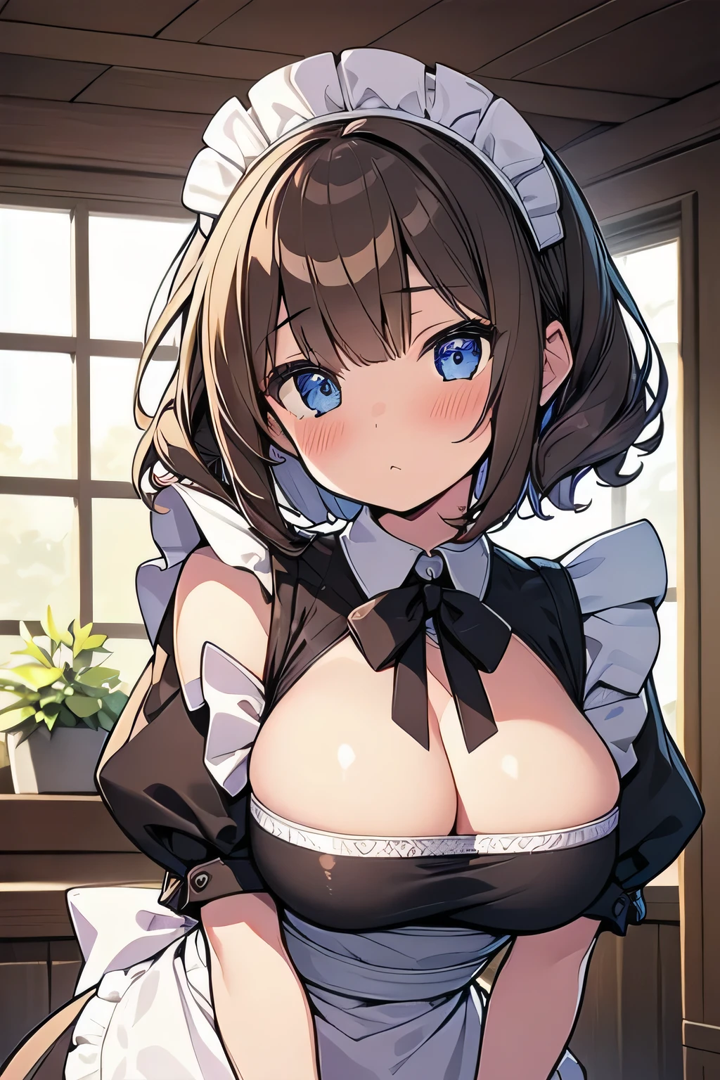 (best quality), (Super detailed), (Best Illustration), (detailed eyes), (1girl), upper body, look at viewer, (maid:1.2), (large breasts:1.2), curvy body, blush, brown hair, (bob cut), curly hair, hairs between eyes, twinkle(in the eyes), blue eyes, (indoor:1.3),