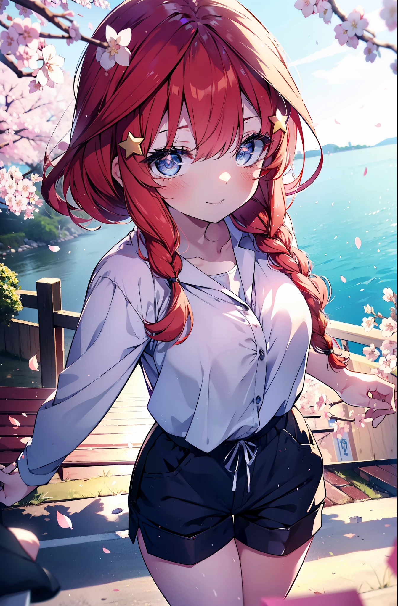 itsukinakano, itsuki nakano, bangs, blue eyes, hair between eyes, Ahoge, redhead, star \(symbol\), hair ornaments, star hair ornaments,short braided hair Braids,happy smile, smile, open your mouth,happy smile, smile, open your mouth,Oversized checked y-shirt,shorts,Black high top sneakers,cherry blossoms are blooming,Cherry blossoms are scattered,Cherry blossom tree-lined path,walking,
break outdoors, 公園
break looking at viewer, (cowboy shot:1.5),
break (masterpiece:1.2), highest quality, High resolution, unity 8k wallpaper, (figure:0.8), (detailed and beautiful eyes:1.6), highly detailed face, perfect lighting, Very detailed CG, (perfect hands, perfect anatomy),