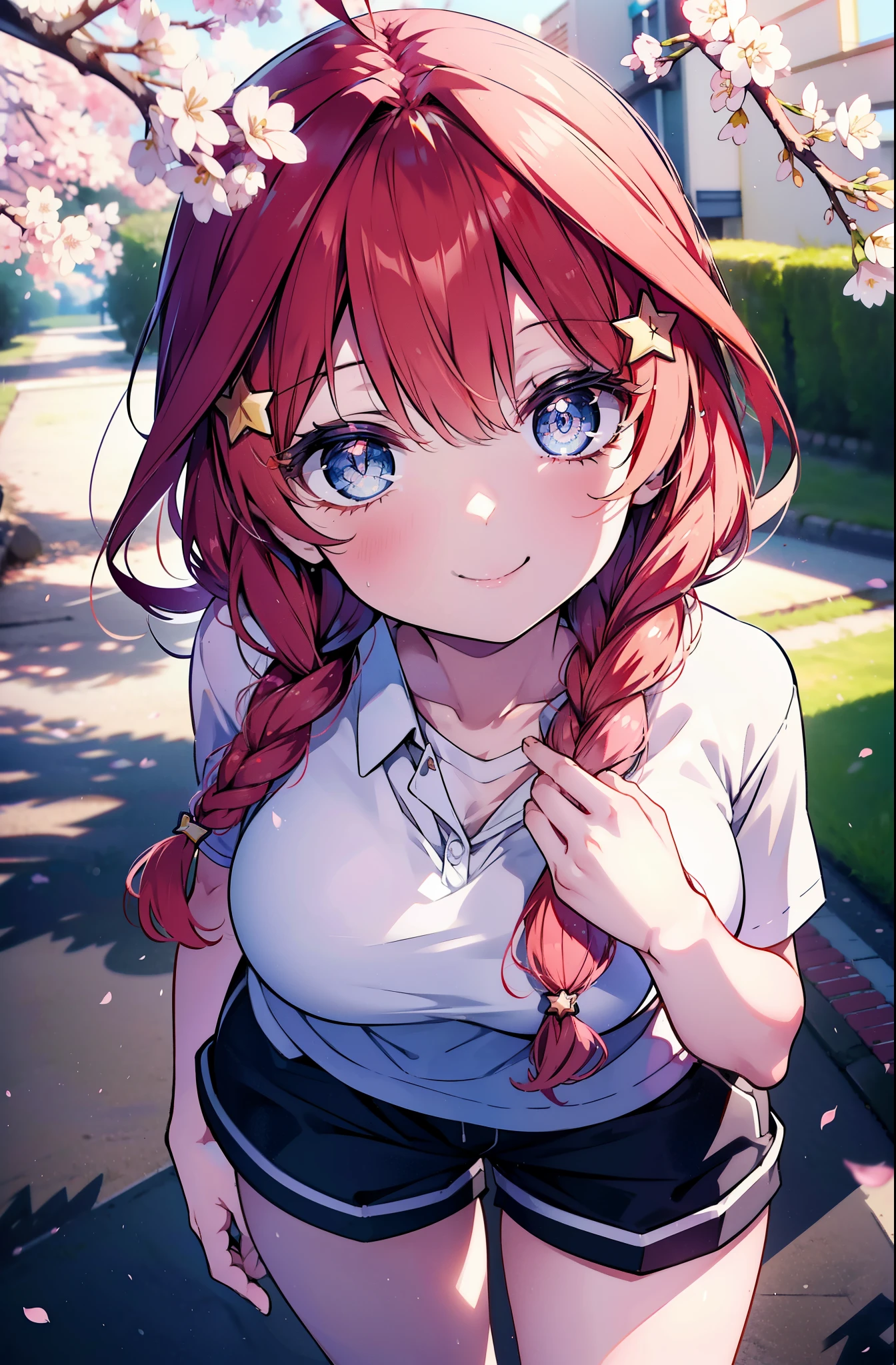 itsukinakano, itsuki nakano, bangs, blue eyes, hair between eyes, Ahoge, redhead, star \(symbol\), hair ornaments, star hair ornaments,short braided hair Braids,happy smile, smile, open your mouth,happy smile, smile, open your mouth,Oversized checked y-shirt,shorts,Black high top sneakers,cherry blossoms are blooming,Cherry blossoms are scattered,Cherry blossom tree-lined path,walking,
break outdoors, 公園
break looking at viewer, (cowboy shot:1.5),
break (masterpiece:1.2), highest quality, High resolution, unity 8k wallpaper, (figure:0.8), (detailed and beautiful eyes:1.6), highly detailed face, perfect lighting, Very detailed CG, (perfect hands, perfect anatomy),