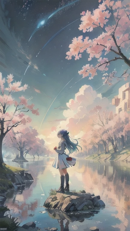 Anime girl standing on rocks on circular light background, anime style 4k, anime art wallpaper 8k, anime girl with space hair, anime art wallpaper 4k, anime art wallpaper 4k, anime wallpaper 4k, anime wallpaper 4k, fantastic anime, 4k anime wallpaper, anime moe art style, epic anime artwork, anime lighting、NSFW, (8K, RAW photo, highest quality, masterpiece:1.2), (realistic, Photoreal:1.37), super detailed, 1 girl, solo, cute, beautiful detailed sky,near sky,cherry blossoms
