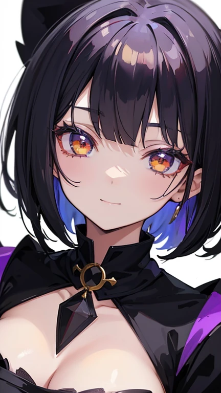 Witch's outfit, Anime-style portrait of a teen-ager girl with a deep violet bob cut, (Golden eyes), bright eyes, baby-faced, eye contact with the camera, subtle smile, minimalistic background to emphasize character, high contrast, clean lines, digital painting, vivid colors