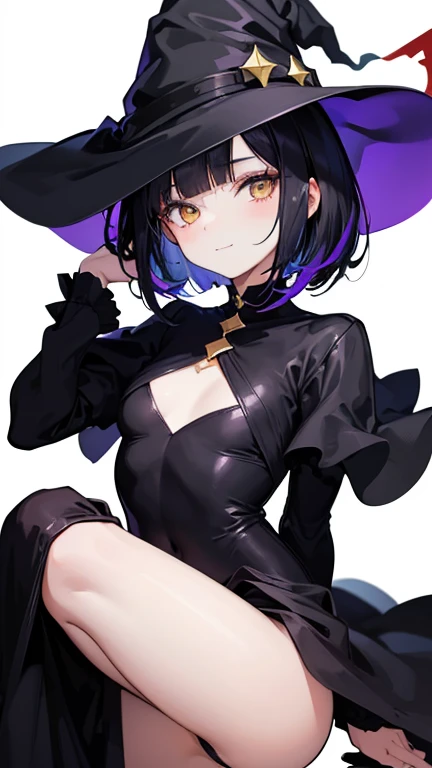 Witch's outfit, Anime-style portrait of a -agerrl with a deep violet bob cut, (Golden eyes), bright eyes, baby-fa eye contact with the camera, subtle smile, minimalistic background to emphasize character, high contrast, clean lines, digital painting, vivid colors