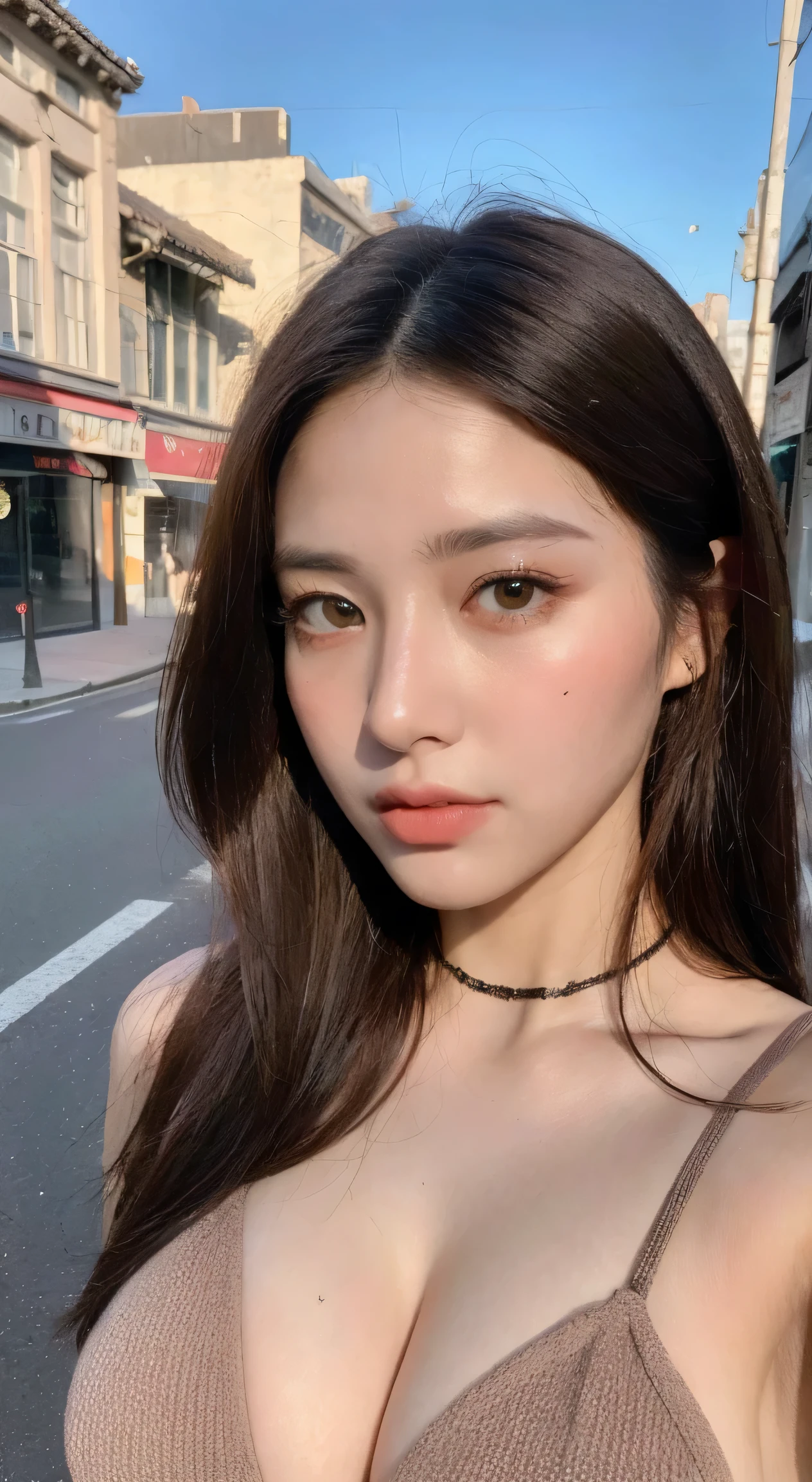 ((highest quality, 8K, masterpiece :1.3)), sharp focus :1.2, perfect body beauty: 1.4, slim abs: 1.2, ((dark brown hair, big breasts: 1.2)), (Natural light, city street: 1.1 ), Highly detailed face and skin texture, fine eyes, double eyelid, (((dynamic angle)))