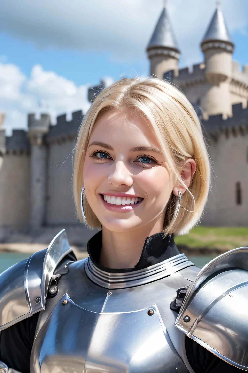 8K、highest quality、female knight、The background is a castle、Luxurious Silver Armor、heavy equipment、hairstyle short cut、smile、beautiful teeth、full body photo、ear piercing、blonde、white woman、blue eyes、The background is a cloudy sky、mouth open、heavy makeup