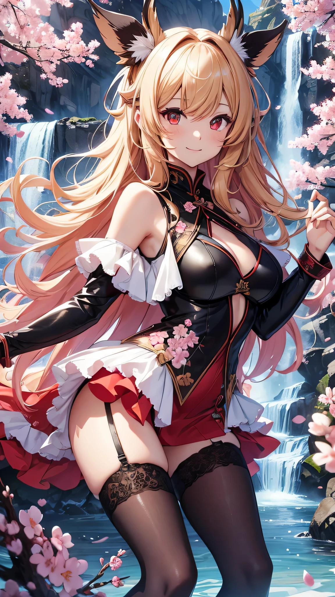 最high quality、best image quality、masterpiece、girl((18-year-old、 By becoming、vest bust、medium bust,wide open breast tea、red glowing eyes, blonde、messy hair、long hair、thin,highest valley、Show the whole body、black cheongsam、open chest、black wristband、red high heels、sexy、smile、Leaning forward)),high quality、beautiful art、background((Bright Town、waterfall、cherry blossoms、beautiful blue sky))、Flight、debris flies、Depth of written boundary、movie、visual art、perfect art、8K,genuine、