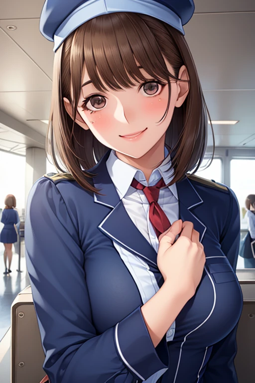 Limited to 1 female, stewardess, (stewardess uniform) (garrison cap), mature woman, /(brown hair/) bangs, blushing happy smile,  (Masterpiece of the highest quality:1.2) Super detailed,  /(Airport Reception/) indoors