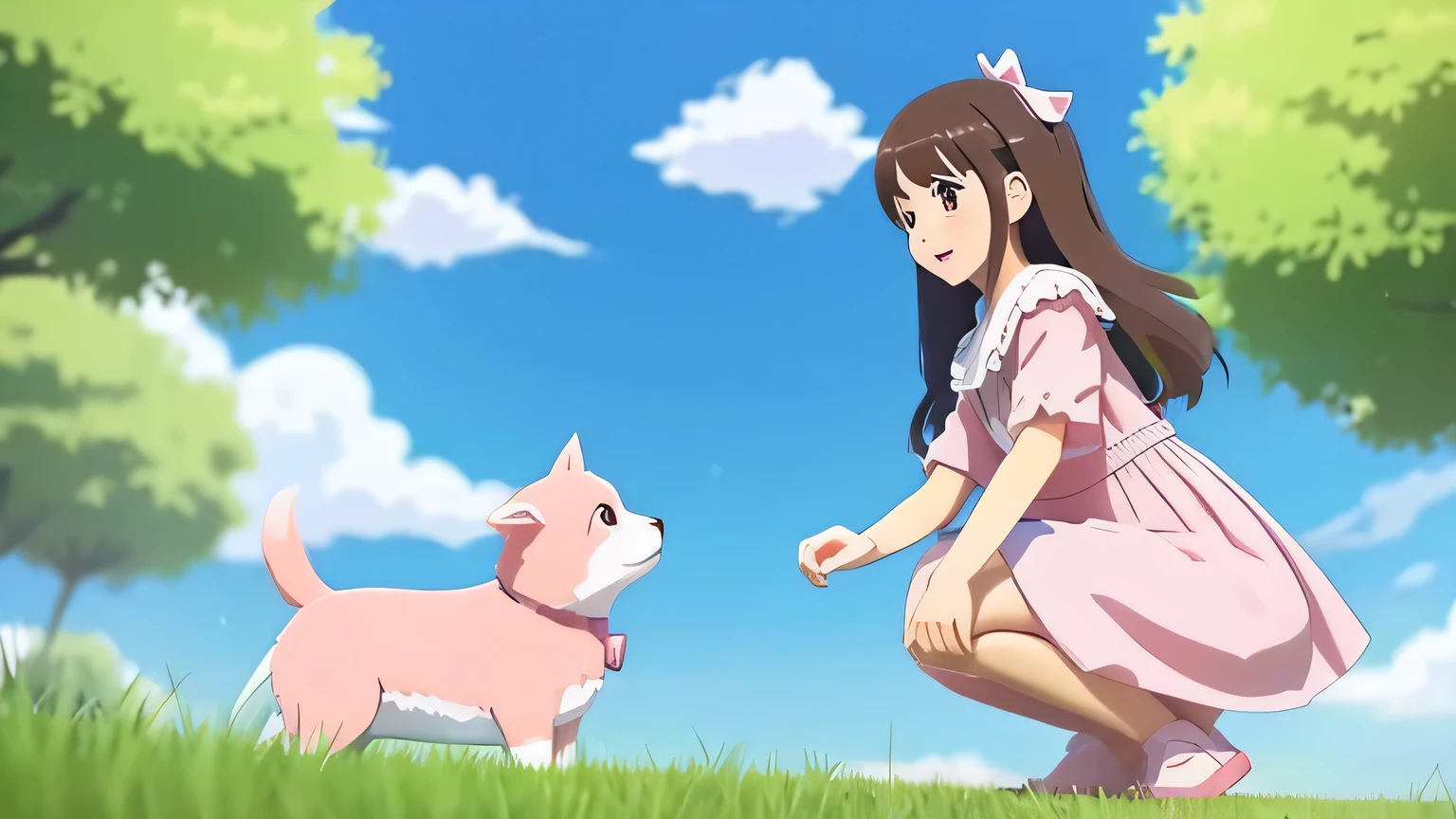 Kyoto Animation Style Anime,A girl and a puppy are playing。This outfit for a woman is a cute pink outfit.。A girl and a puppy are playing on the green grass。The sky is blue and the white clouds are spreading々and floating。