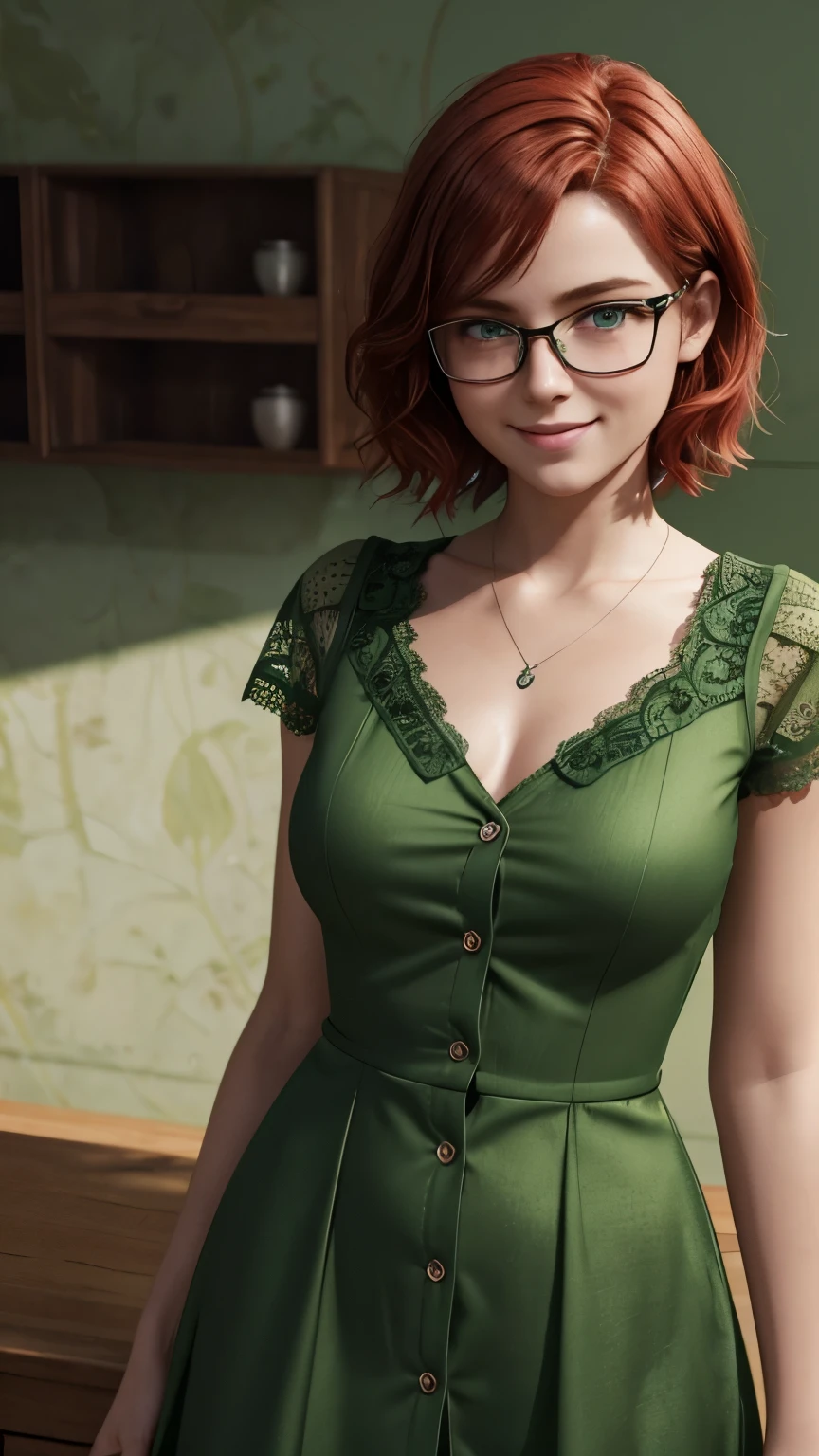 short, Red hair, green eyes, metal frame glasses, smile cute  in green, lace bra under unbuttoned, green shirt-dress with buttons. photorealism. unreal engine. 3D model. Ultra high quality textures. 8k resolution