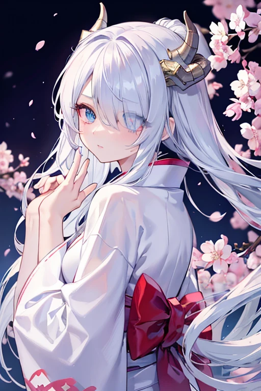 (masterpiece), high quality, perfect face, detailed eyes, perfect hands, (dragon woman), feminine, elegant, (heterochromatic eyes), (serious expression), (curved blue horns), long silver hair, (wearing white and pastel blue elegant kimono), (cherry blossom background:1.2), (side view), (looking at the viewer), (snowy background), Beautiful eyes, shining eyes, super detailed, perfect eyes, glowing eyes, (hair over one eye:1.2), nice hands, perfect hands