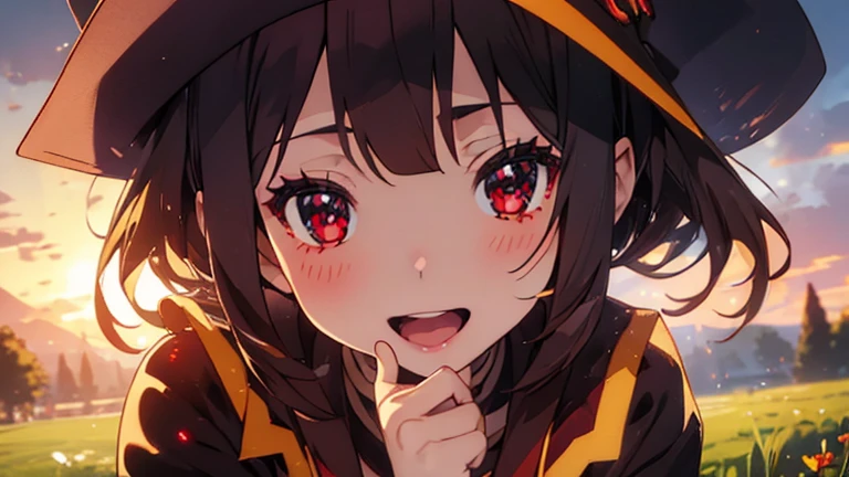 megumin,sexy detailed face,cute detailed face,extremely detailed eyes and face,long eyelashes,best quality,hdr,ultra-detailed,professional,vivid colors,portraits,warm tone,studio lighting, long shot, grass scenery 