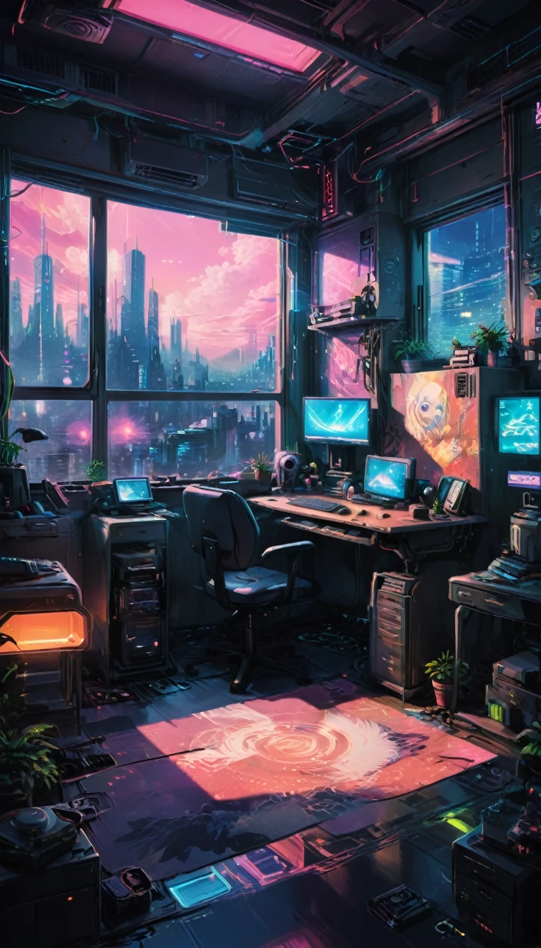 anime bedroom with a desk and a chair and a window, anime background art, anime background, anime vibes, anime scenery, lofi artstyle, personal room background, cyberpunk setting, anime aesthetic, stunning art style, cozy environment, lofi art, anime art wallpaper 4k, anime art wallpaper 4 k, relaxing environment, cozy wallpaper, amazing wallpaper