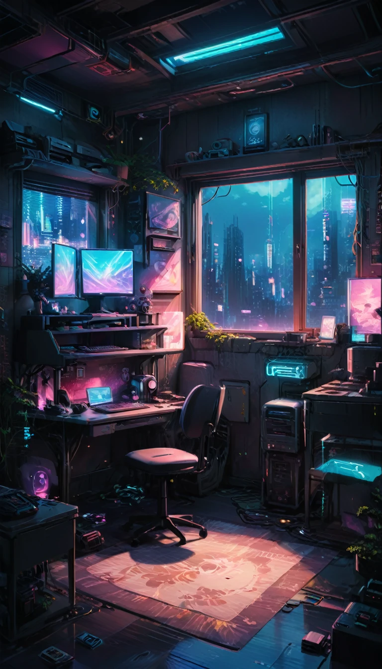 anime bedroom with a desk and a chair and a window, anime background art, anime background, anime vibes, anime scenery, lofi artstyle, personal room background, cyberpunk setting, anime aesthetic, stunning art style, cozy environment, lofi art, anime art wallpaper 4k, anime art wallpaper 4 k, relaxing environment, cozy wallpaper, amazing wallpaper