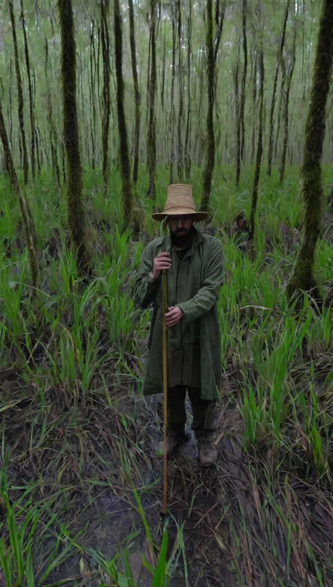 A , his feet are backwards, holding a cane, wearing a string hat, looking creepy in the middle of a forrest, wildlife photography, in a ral-bnz swamp, 4K UHD, 8K UHD, High-definition, capturing made of ral-bnz