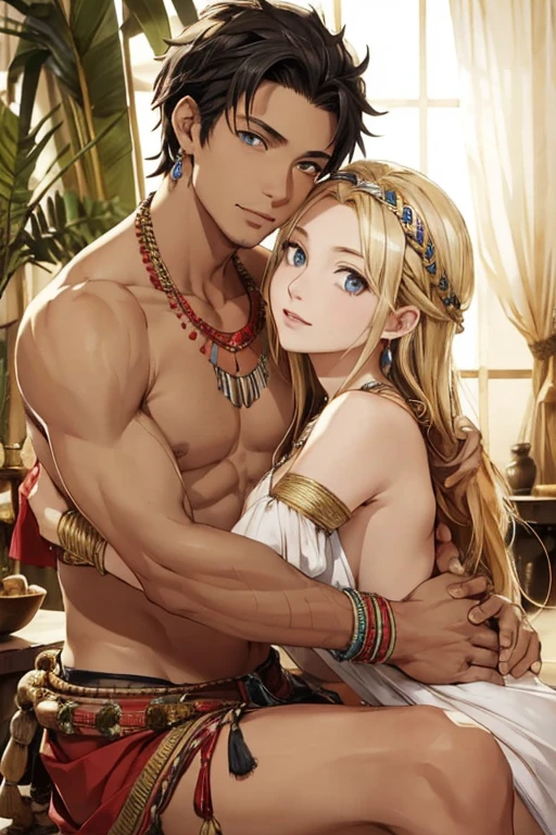 ((highest quality)), ((masterpiece)), (be familiar with), ((female、perfect face、Enchanted body、beautiful wife、blonde、blue eyes、necklace、earrings、bangles、Caster wheel、naked族))((male、husband、Africa人、black people、aborigines、black hair、hunter、muscular、punch perm、tribe、naked族))marriage、hug each other、Africa、naked、marriage式、tribeの村