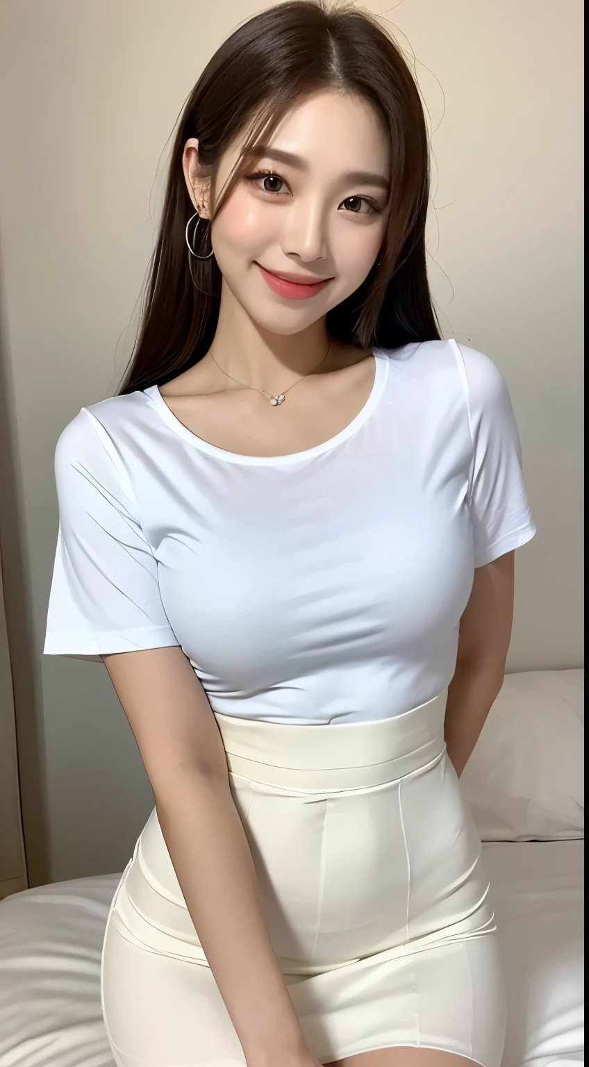 white tight shirt、white tight mini skirt、bed、smile、short sleeve、high resolution、Korean idol face、double eyelid
